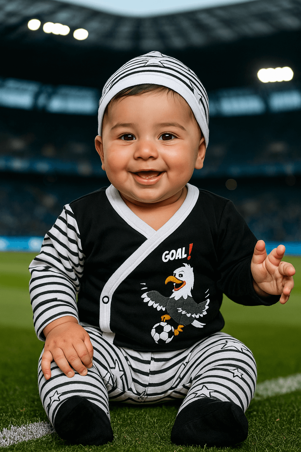  GOAL Baskılı Siyah Çizgili 3lü Erkek Bebek Takımı – Futbol Temalı Şapkalı Kombin