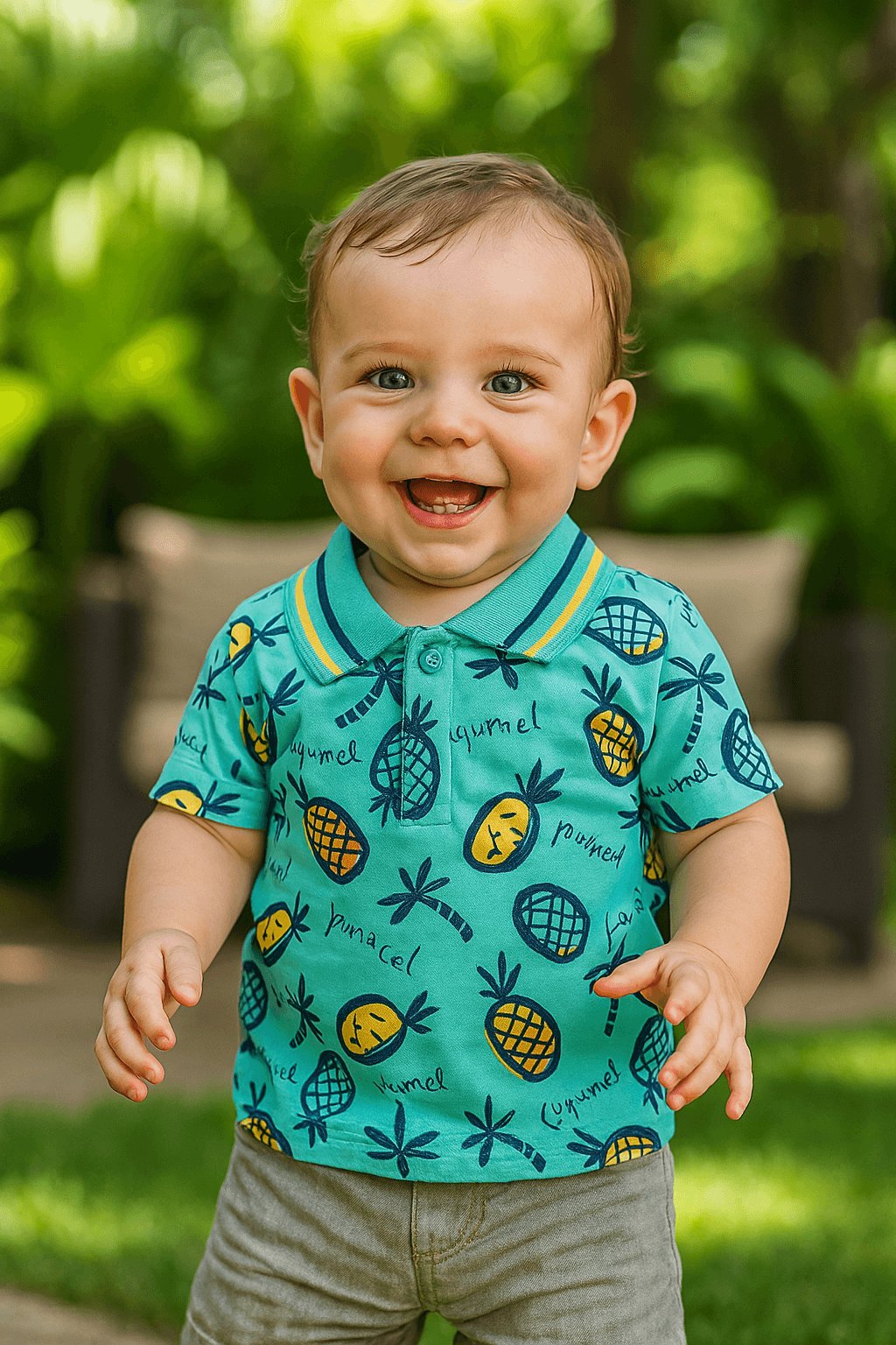 Ananas Desenli Erkek Bebek Polo Yaka Tişört – Yazlık Renkli Kısa Kollu Pamuklu Model
