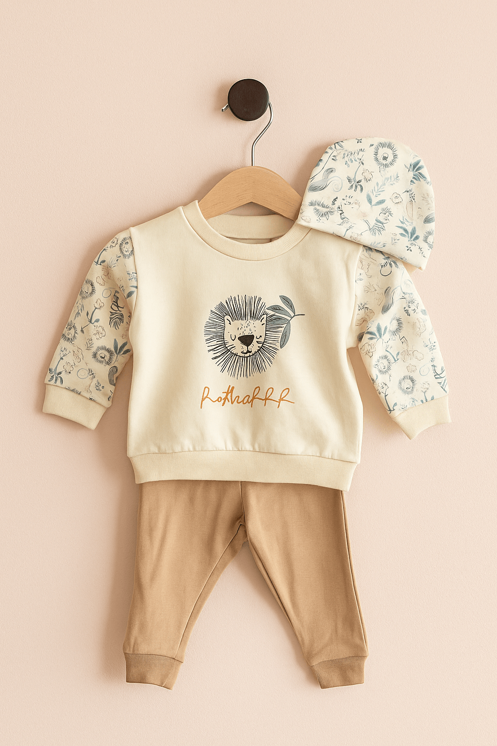 Aslan Baskılı 3lü Bebek Takımı – Şapkalı Sweatshirt ve Tayt Pantolon Seti (0-24 Ay)
