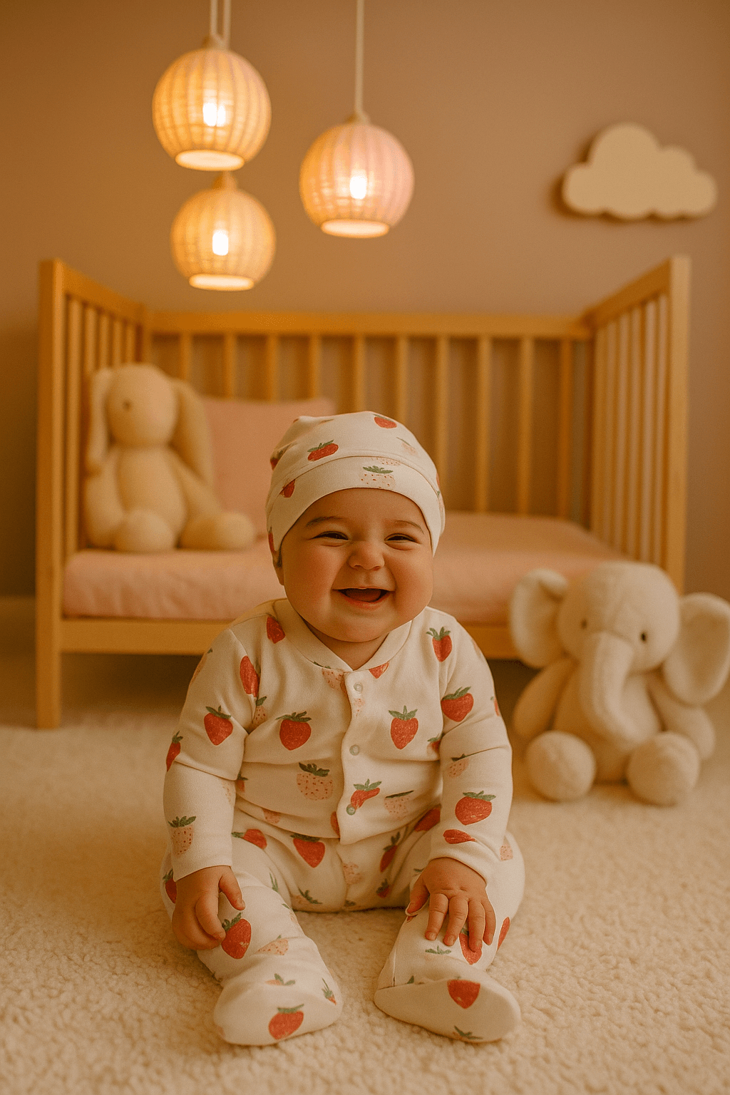 Çilek Desenli Şapkalı Bebek Tulum Takımı