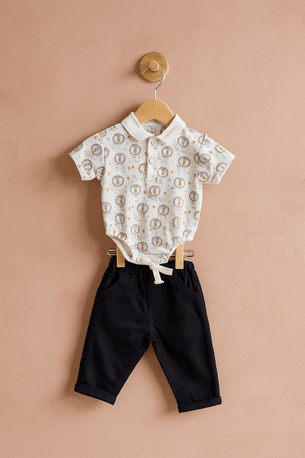 Desenli Polo Yaka Erkek Bebek Takımı – Yazlık Tişört ve Pantolon 2li Set (0-24 Ay) 