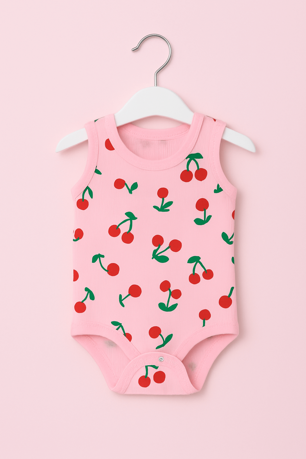 Pembe Zeminli Kiraz Desenli Kolsuz Çıtçıtlı Bebek Body