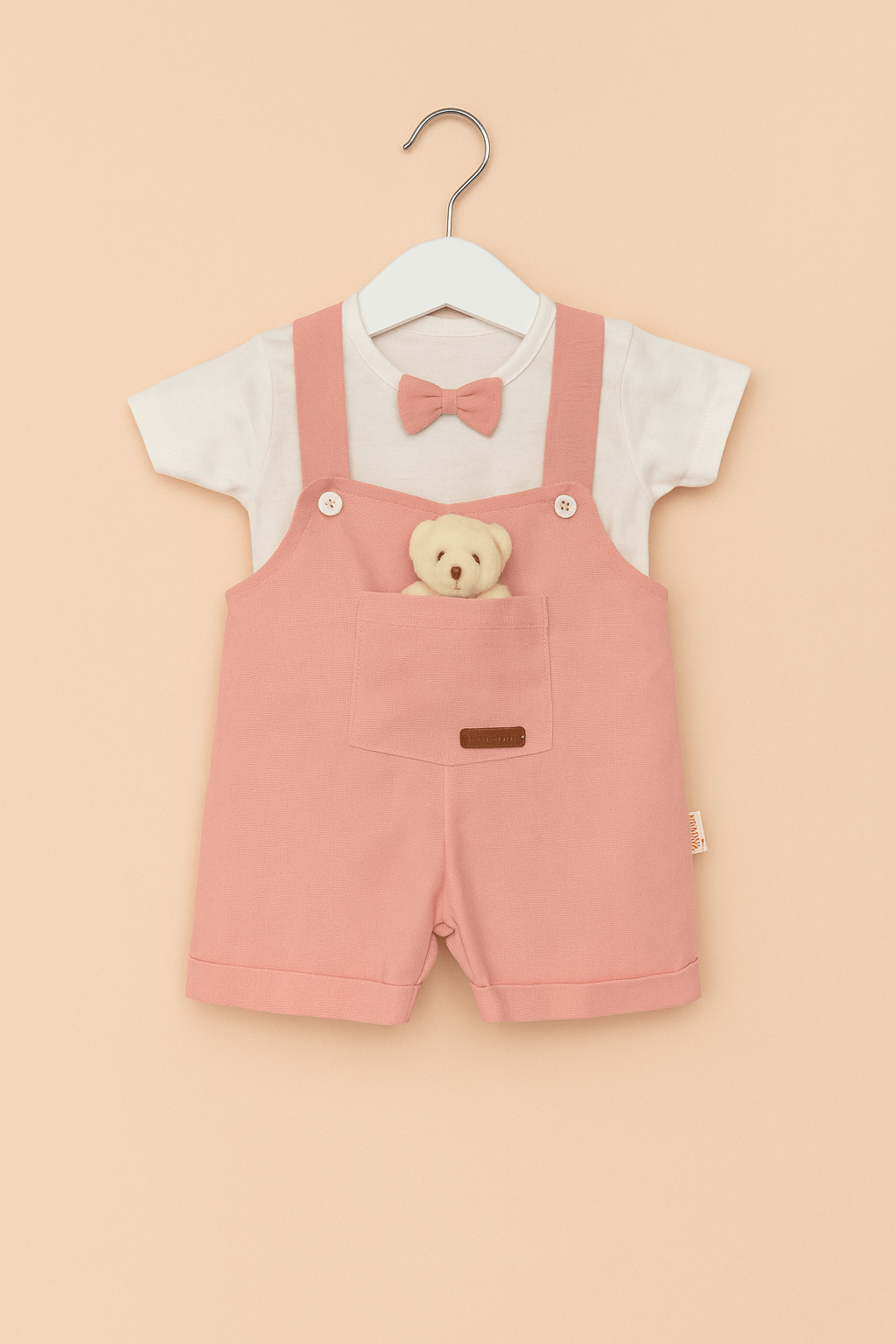 Ayıcık Detaylı Pembe Kız Bebek Salopet – Papyonlu Yazlık Takım