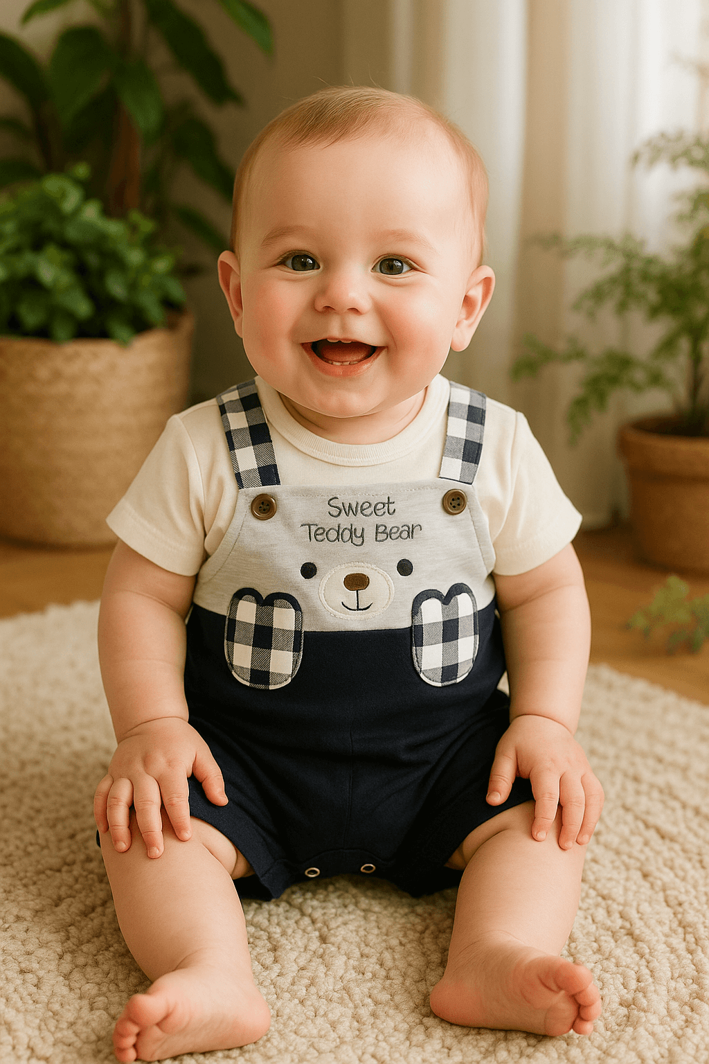 Sweet Teddy Bear Desenli Lacivert Askılı Yazlık Erkek Bebek Tulum