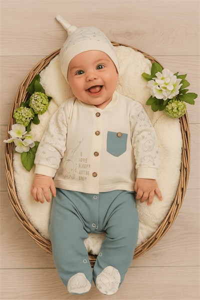 Erkek Bebek Tulumlu 2li Set - Fil Desenli Uzun Kollu Patikli Tulum ve Şapka