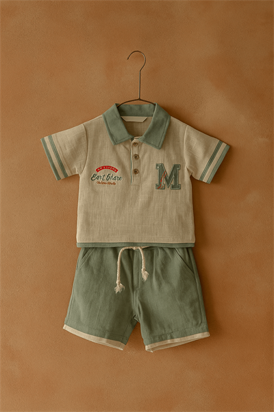 Erkek Bebek Yazlık Keten 2li Takım - Polo Yaka Tişört ve Şortlu Spor Set