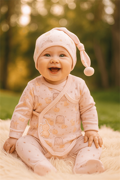 Pembe Hayvan Desenli Kız Bebek 3lü Hastane Çıkışı Seti - Tulum, Şapka, Alt