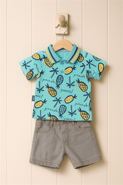 Ananas Desenli Erkek Bebek Polo Yaka Tişört – Yazlık Renkli Kısa Kollu Pamuklu Model