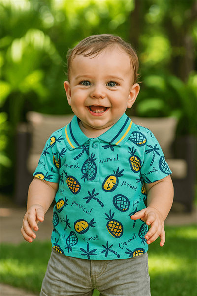 Ananas Desenli Erkek Bebek Polo Yaka Tişört – Yazlık Renkli Kısa Kollu Pamuklu Model