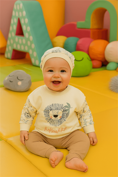 Aslan Baskılı 3lü Bebek Takımı – Şapkalı Sweatshirt ve Tayt Pantolon Seti (0-24 Ay)