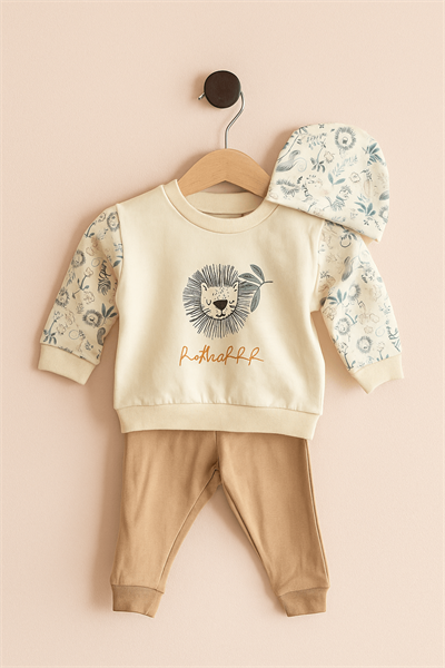 Aslan Baskılı 3lü Bebek Takımı – Şapkalı Sweatshirt ve Tayt Pantolon Seti (0-24 Ay)