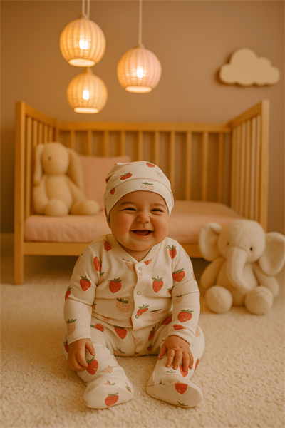 Çilek Desenli Şapkalı Bebek Tulum Takımı
