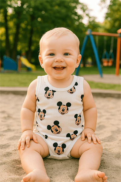 Mickey Mouse Baskılı Erkek Bebek Kolsuz Yazlık Tulum - Pamuklu Rahat Tasarım