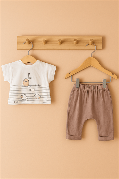 Bebek Yazlık 2li Takım - Baskılı Beyaz Tişört ve Bej Şalvar Pantolon Rahat Set