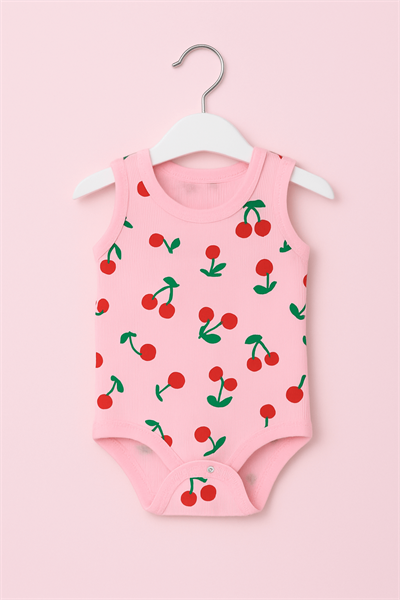 Pembe Zeminli Kiraz Desenli Kolsuz Çıtçıtlı Bebek Body