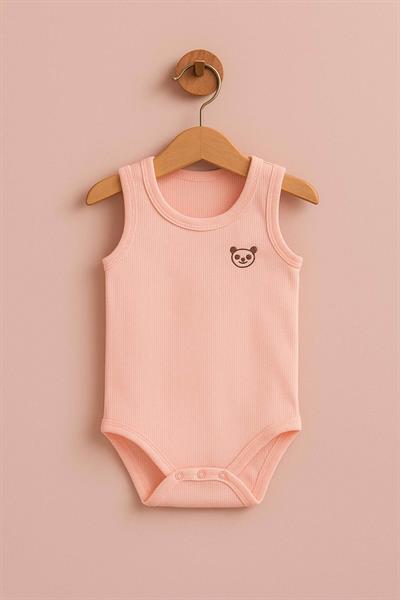 Pembe Panda Nakışlı Kolsuz Bebek Çıtçıtlı Body