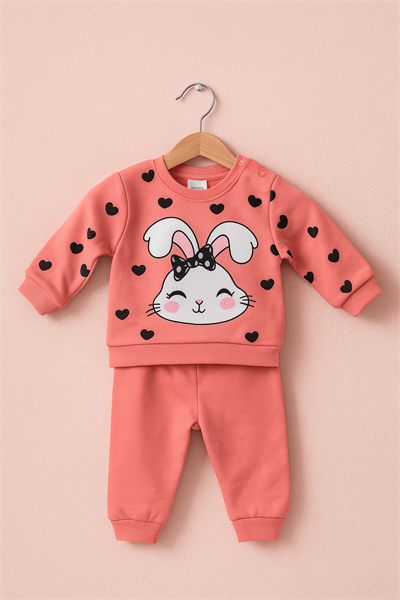 Sevimli Tavşan Baskılı Kız Bebek Eşofman Takımı - Pembe Kalpli 2li Set
