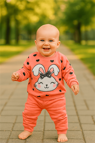 Sevimli Tavşan Baskılı Kız Bebek Eşofman Takımı - Pembe Kalpli 2li Set