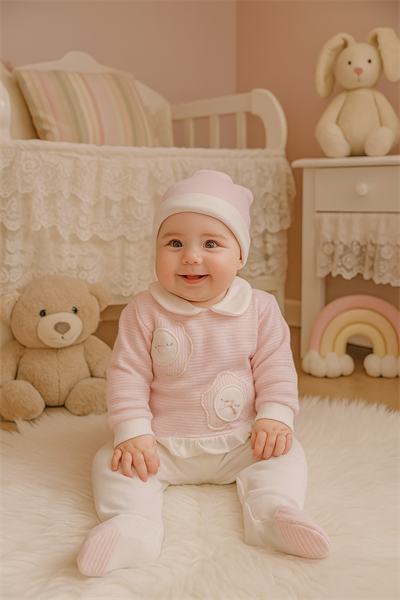 Pembe Tavşan Nakışlı Kız Bebek Tulum Takımı – Yumuşak Peluşlu Kışlık Kombin