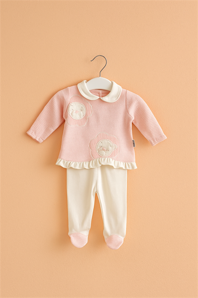 Pembe Tavşan Nakışlı Kız Bebek Tulum Takımı – Yumuşak Peluşlu Kışlık Kombin