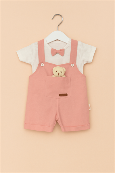Ayıcık Detaylı Pembe Kız Bebek Salopet – Papyonlu Yazlık Takım