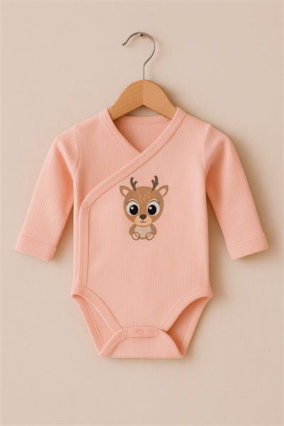 Sevimli Geyik Desenli Pembe Çıtçıtlı Uzun Kollu Bebek Zıbın Body