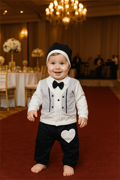 Krem Yelekli Papyonlu Erkek Bebek Takım Elbise