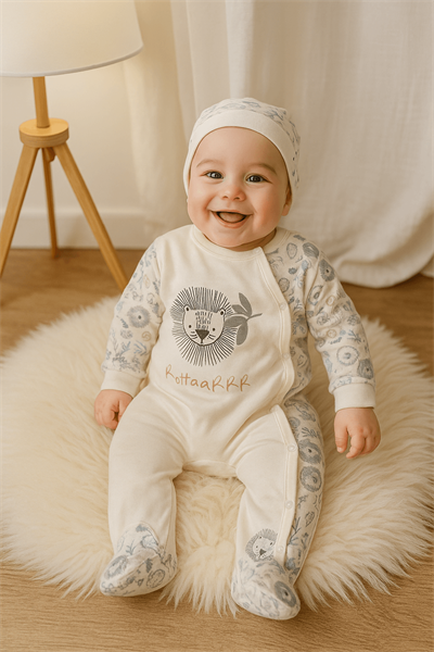 Aslan Desenli Erkek Bebek Tulum ve Şapka Takımı