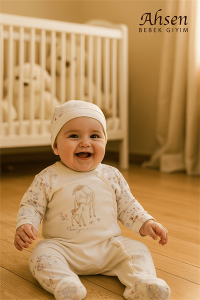 Geyik Desenli Krem Renkli 2li Bebek Tulum ve Şapka Takımı