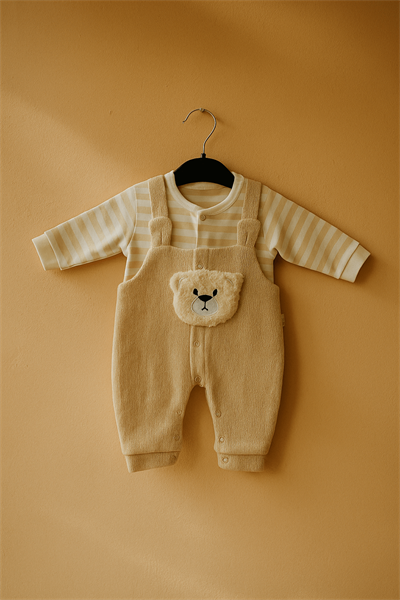 Peluş Ayı Figürlü Bej Tulum Takımı – Çizgili İçlikli Erkek Bebek Kıyafeti