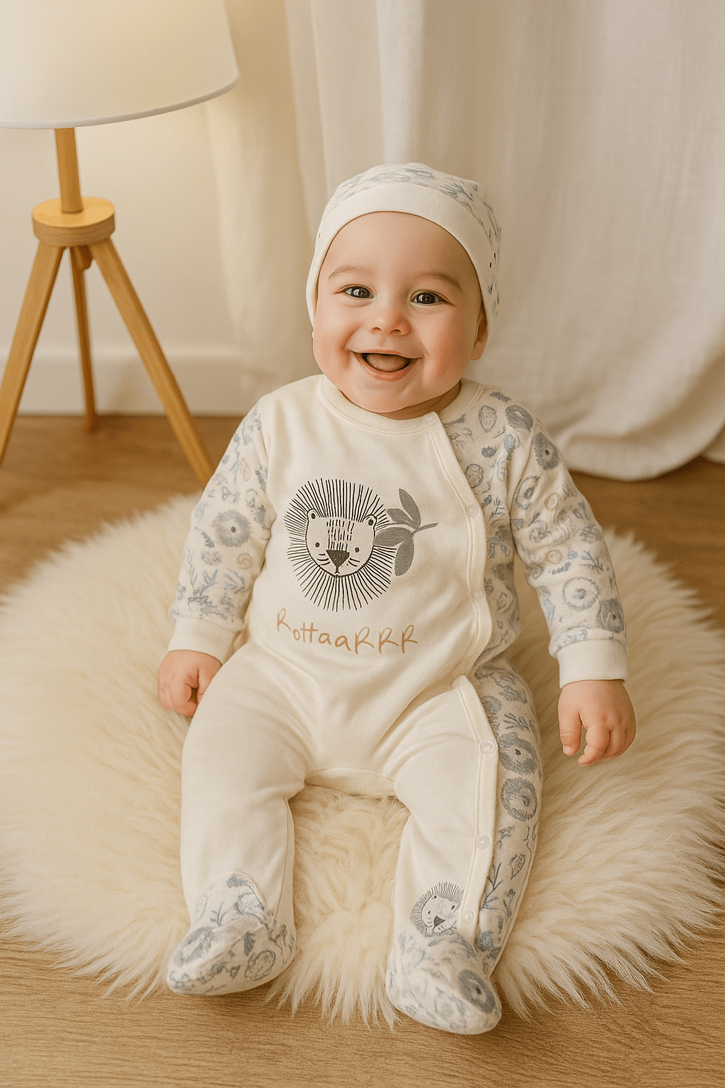 Aslan Desenli Erkek Bebek Tulum ve Şapka Takımı