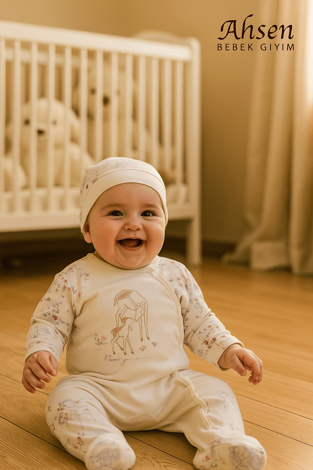 Geyik Desenli Krem Renkli 2'li Bebek Tulum ve Şapka Takımı