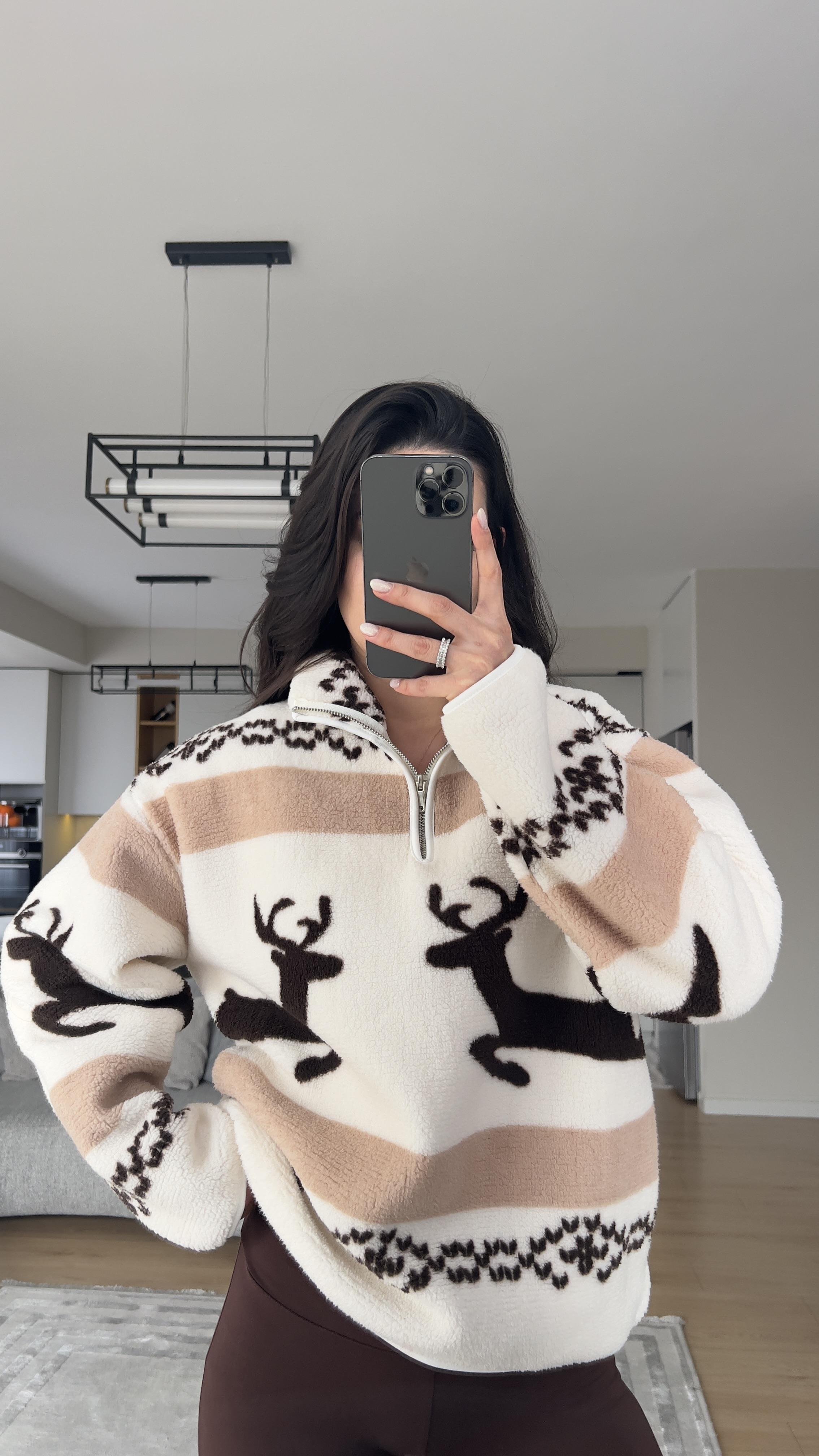 GEYİK DESENLİ FERMUARLI  POLAR  SWEATSHIRT