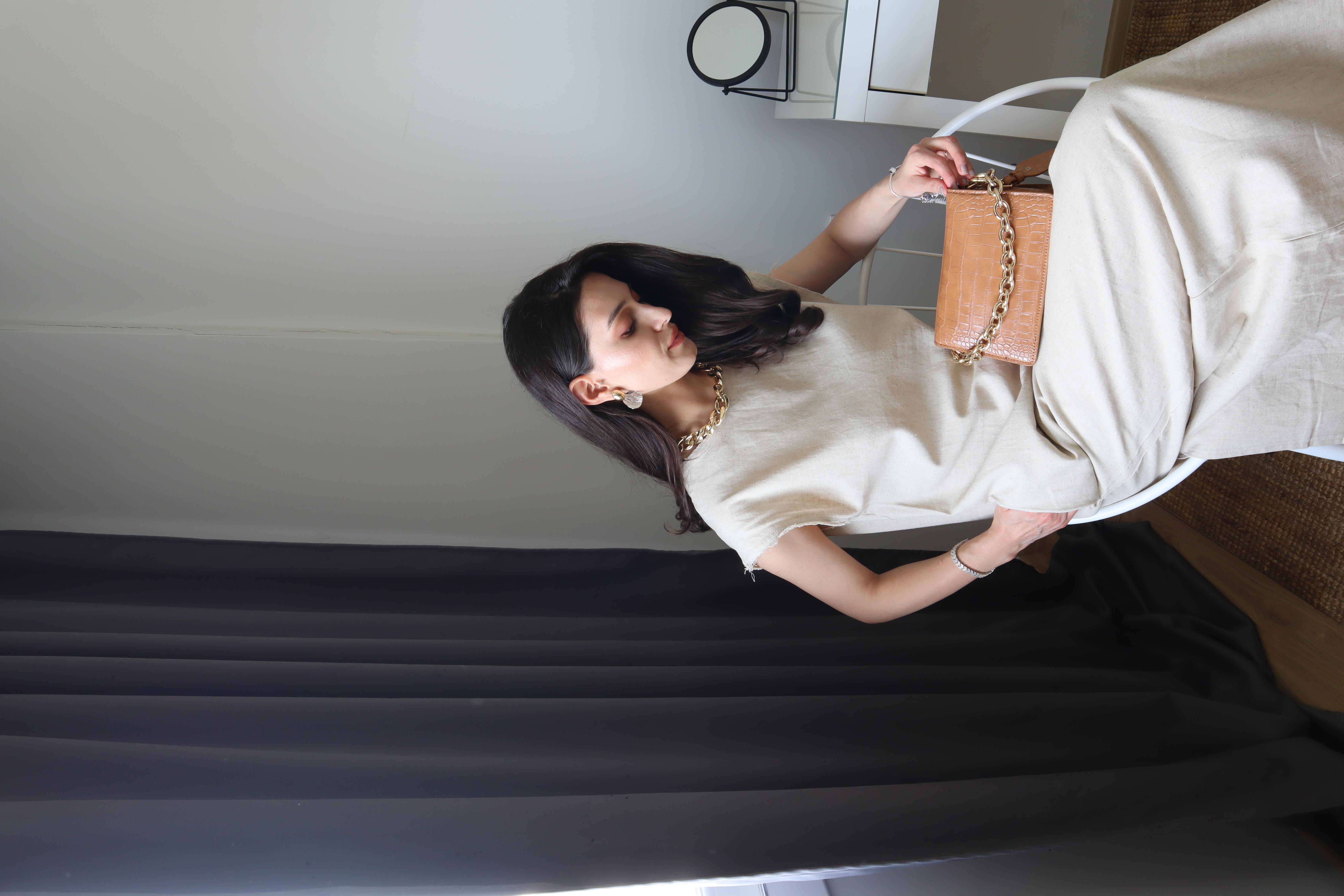 Ham Keten Elbise Bej