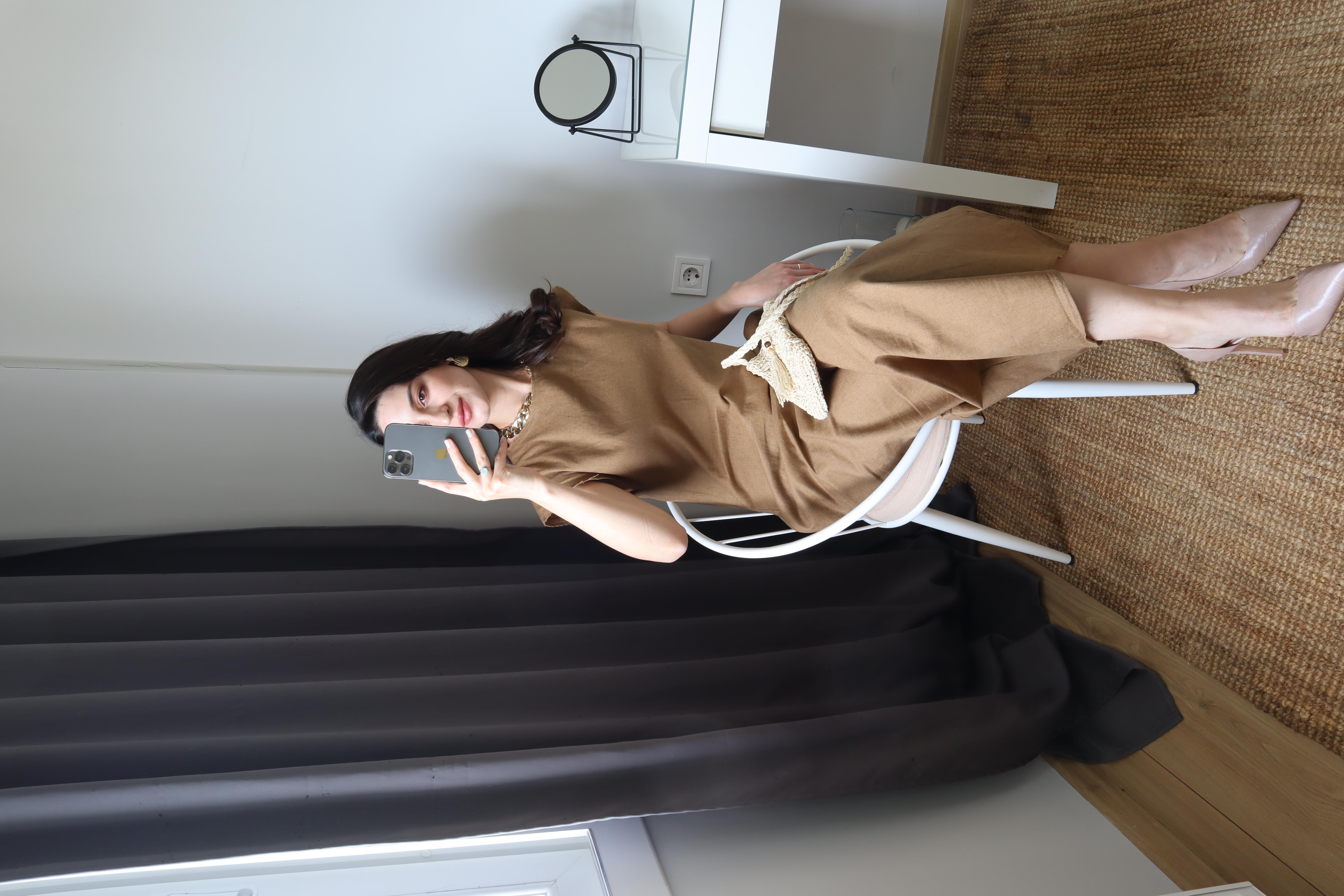 Ham Keten Elbise Kahve