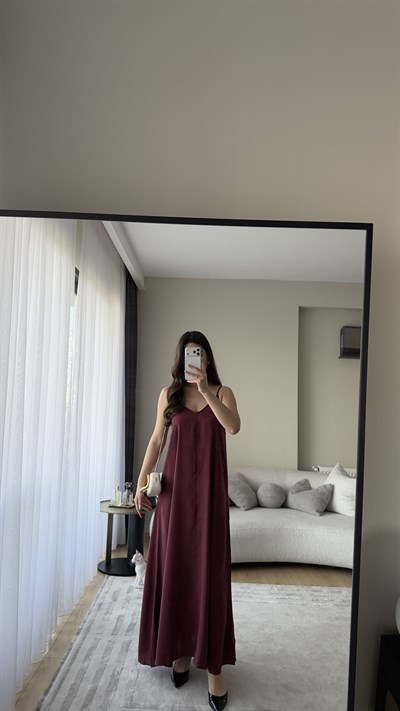 İP ASKILI TENSEL KUMAŞ BORDO ELBİSE