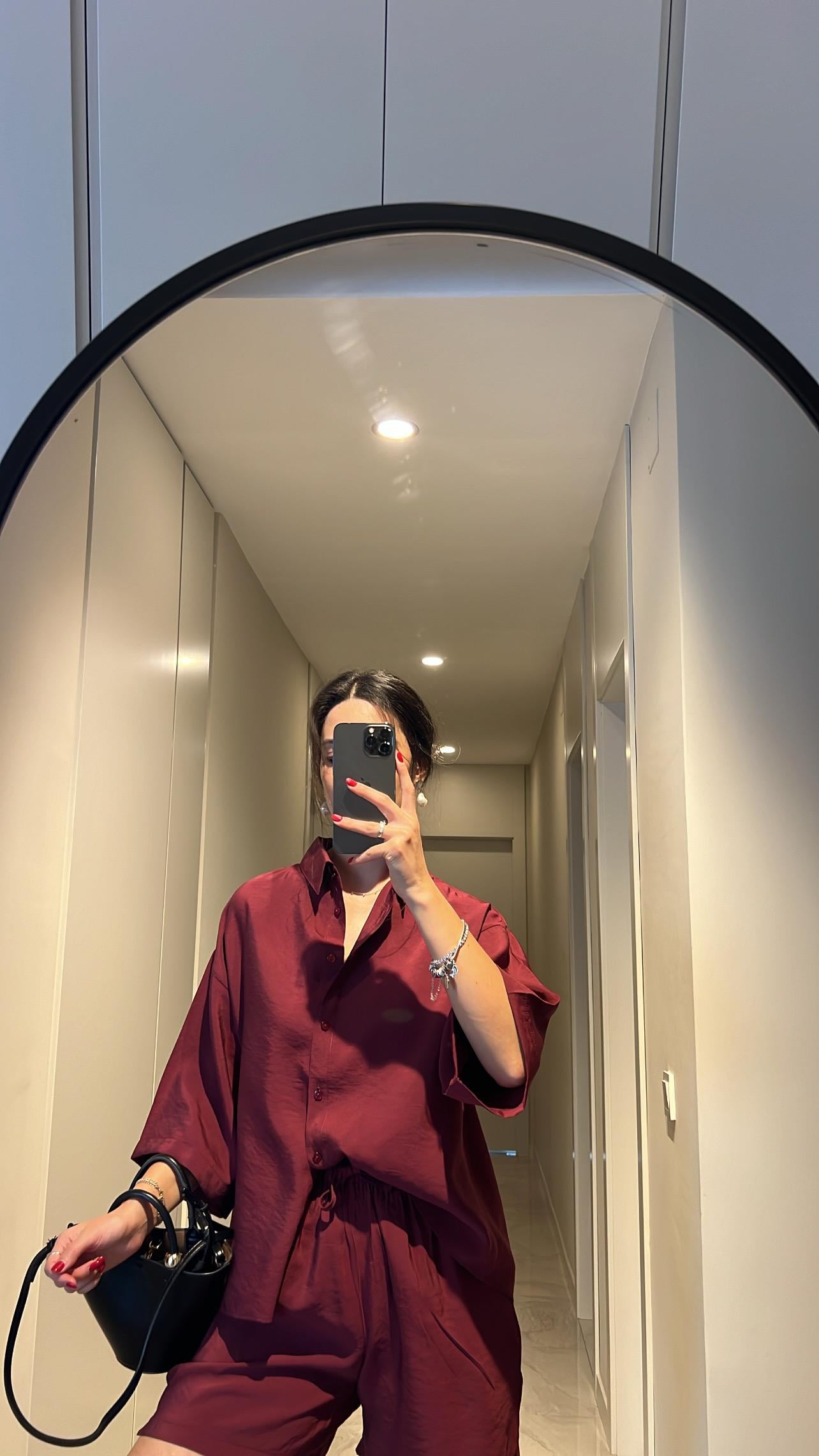 BORDO İPEK SATEN ŞORTLU GÖMLEK TAKIM
