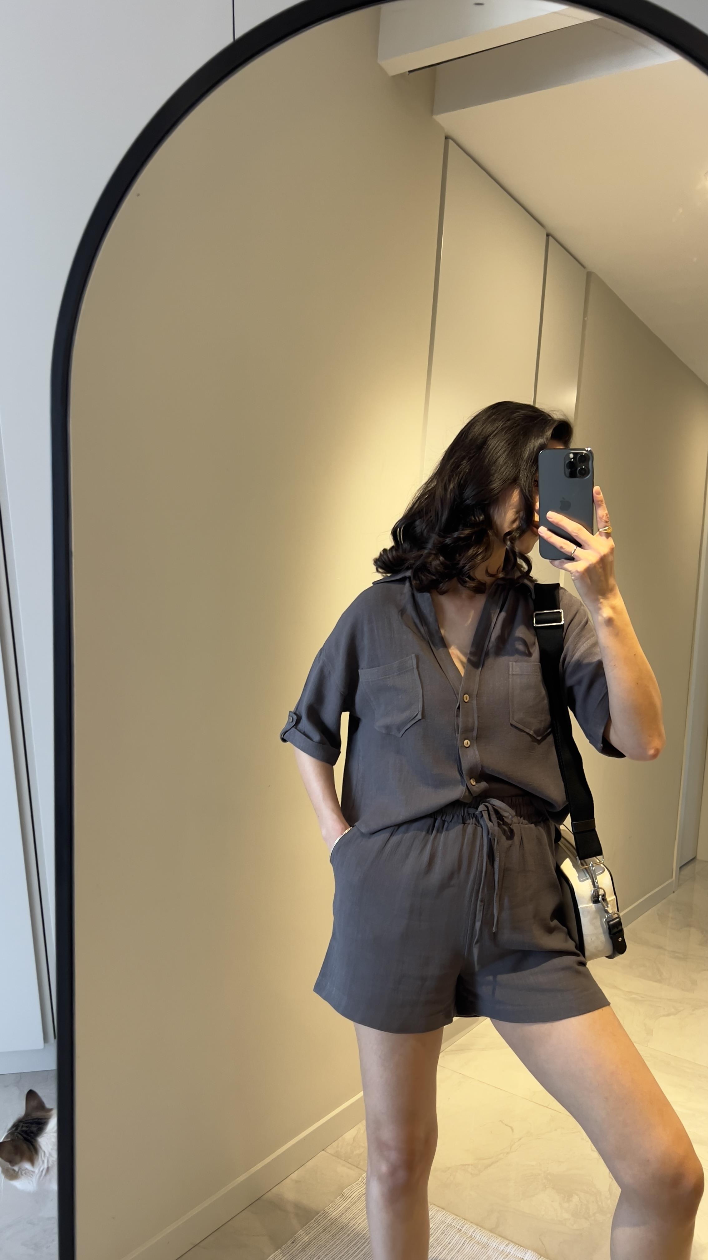 GRİ KETEN ŞORTLU TAKIM