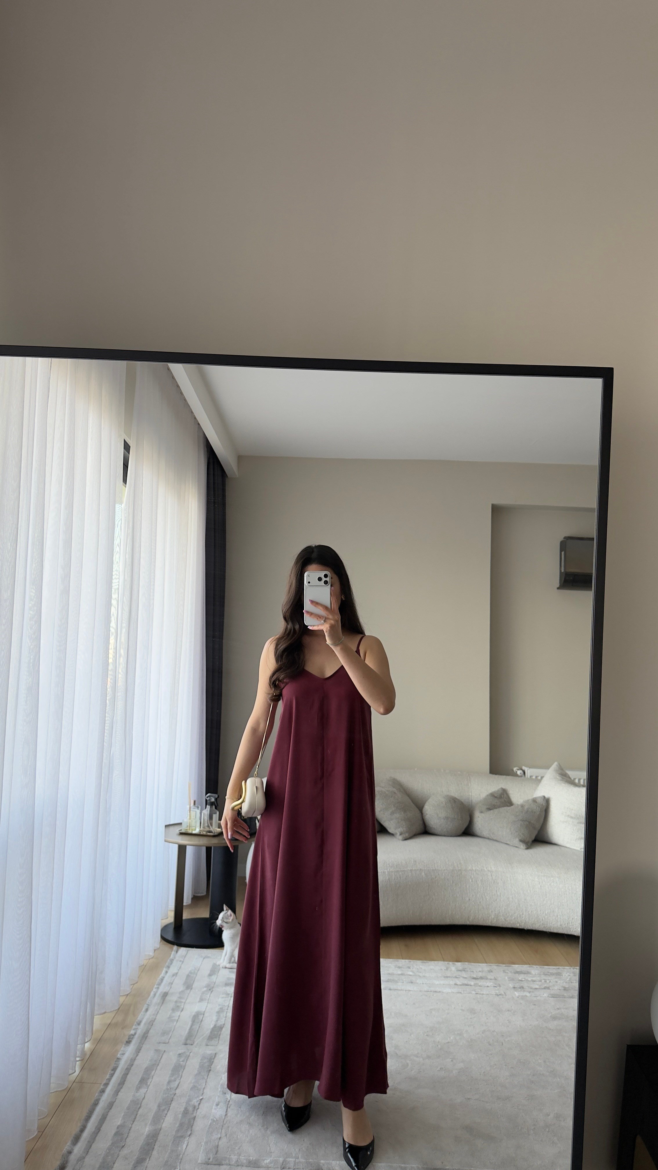 İP ASKILI TENSEL KUMAŞ BORDO ELBİSE
