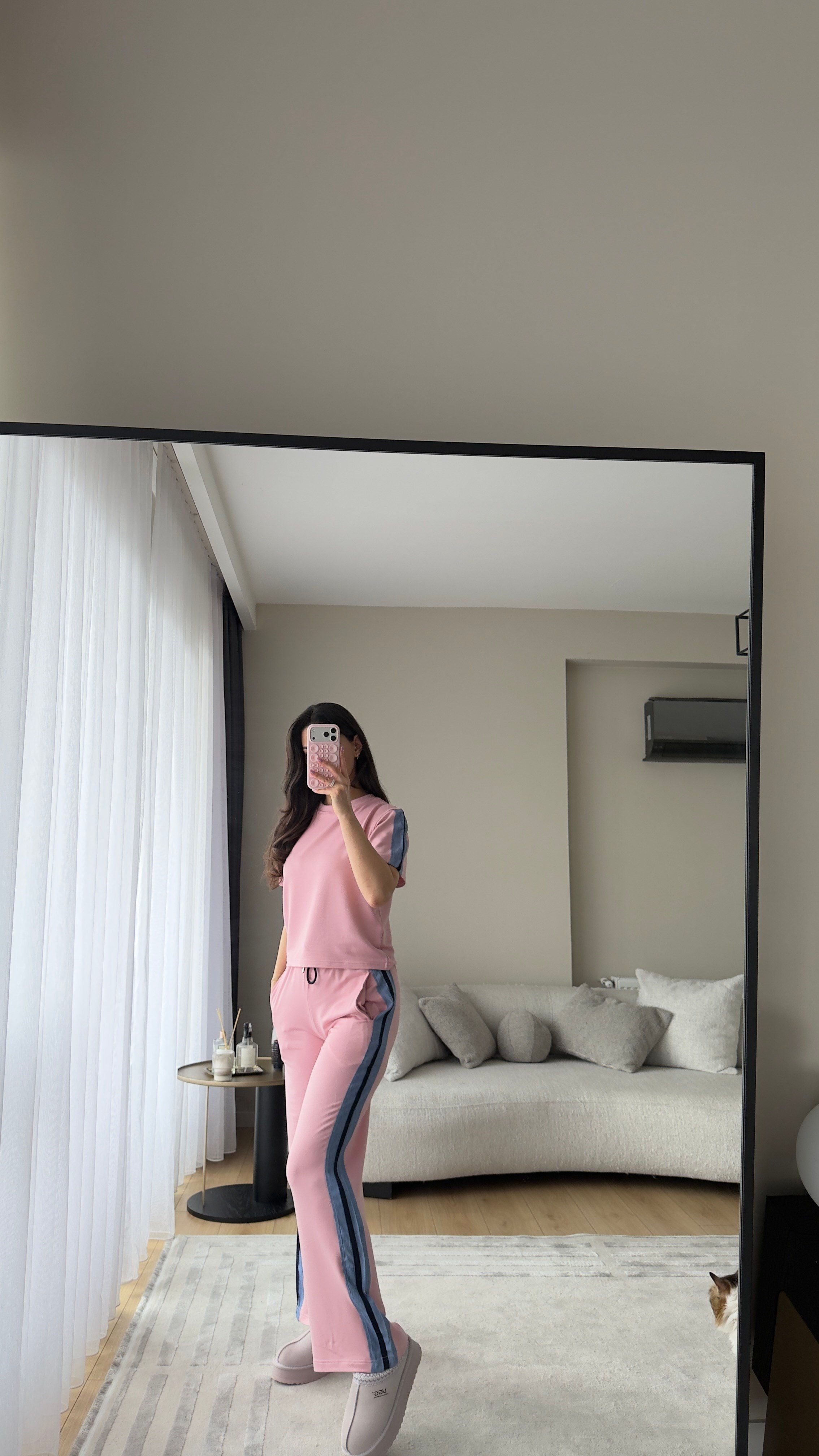 KOT ŞERİT İŞLEMELİ PEMBE MODAL KUMAŞ ALT ÜST TAKIM 