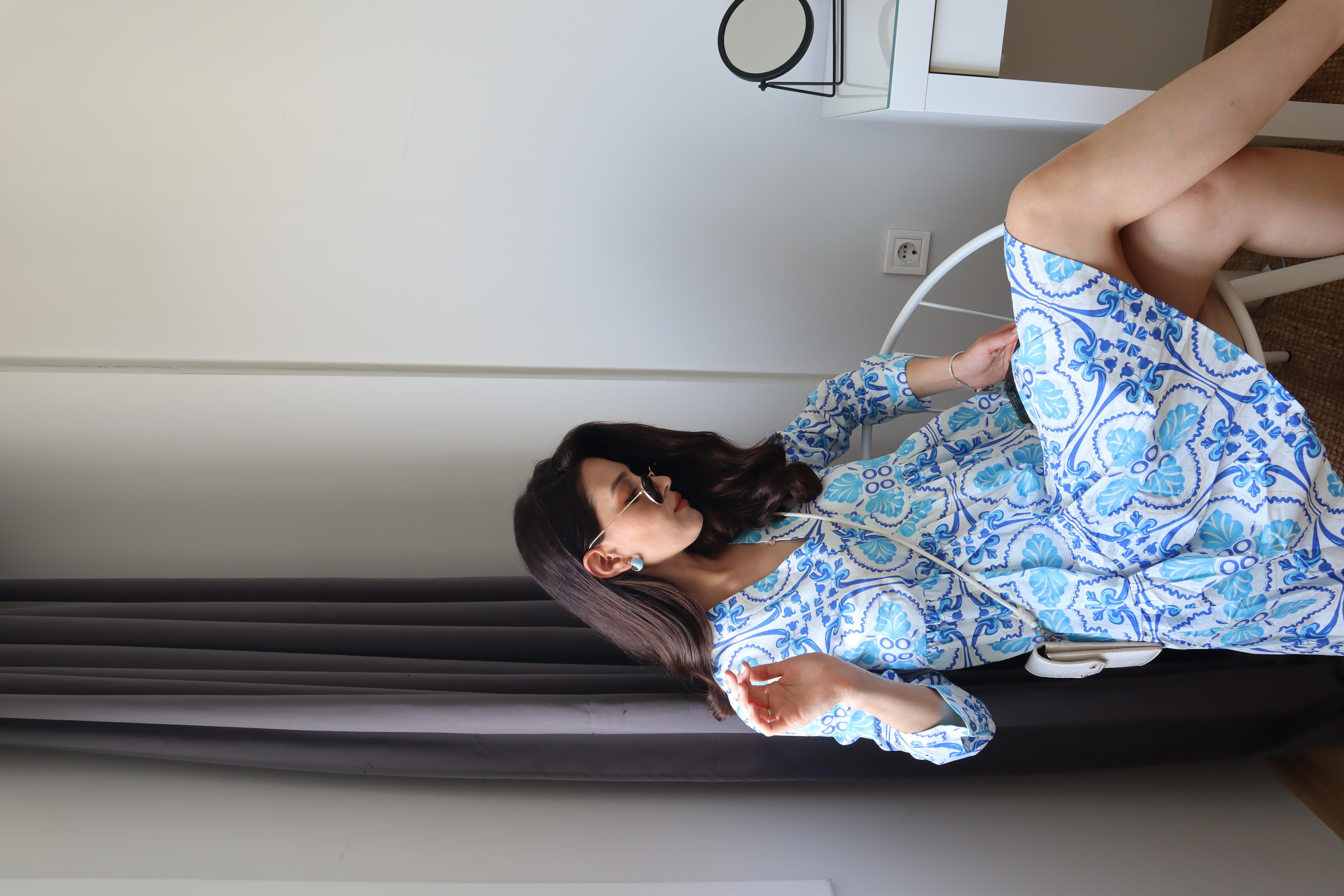 Mavi Çiçek Desenli Elbise