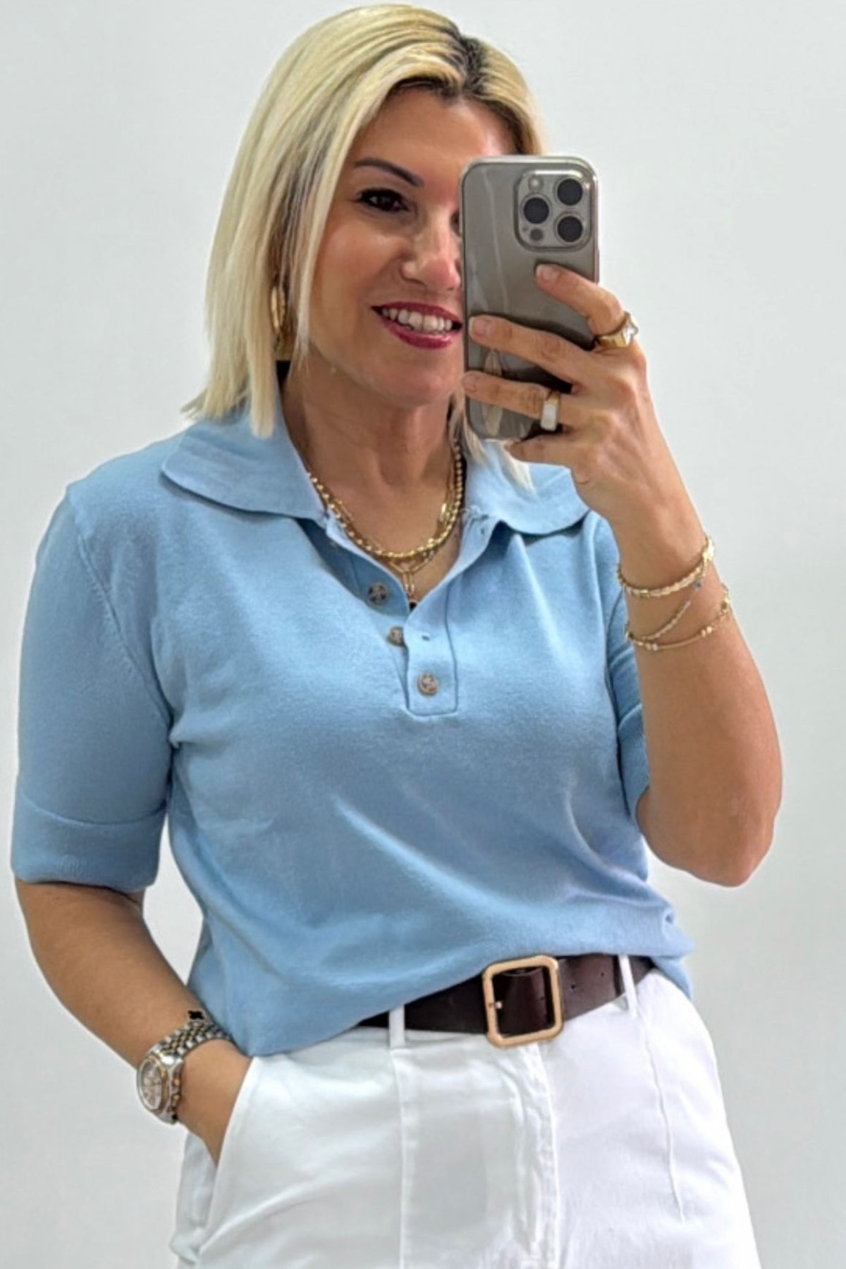 Açık Mavi Polo Yaka Düğmeli Kısa Kol Viscose Lycralı TrikoUT26001040-ACIKMAVI-STD