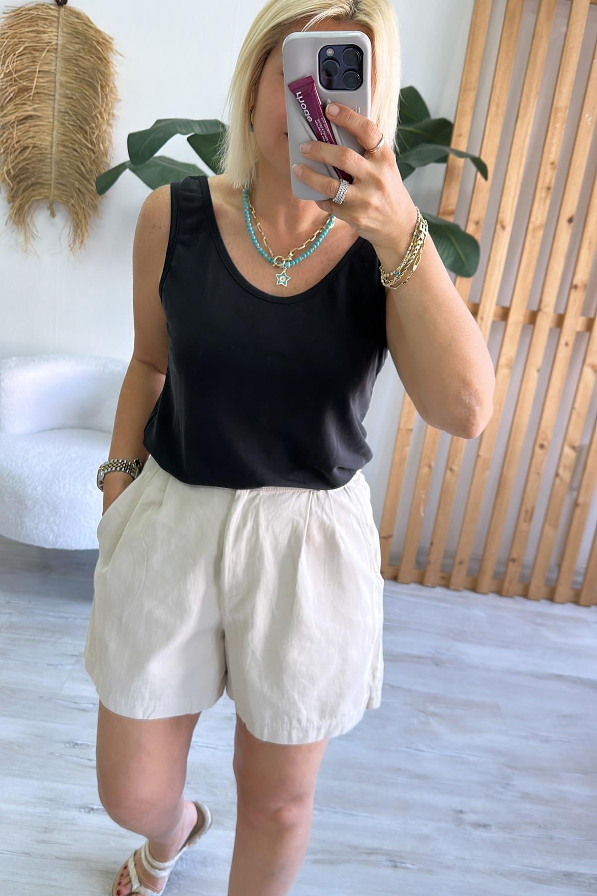 Bej Pileli Cotton Bel Arka Lastikli ŞortAY215019-BEJ-S