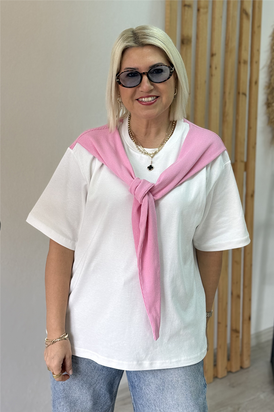 Beyaz Bağma Detaylı Pamuk TshirtTSH26001207-BEYAZ-S