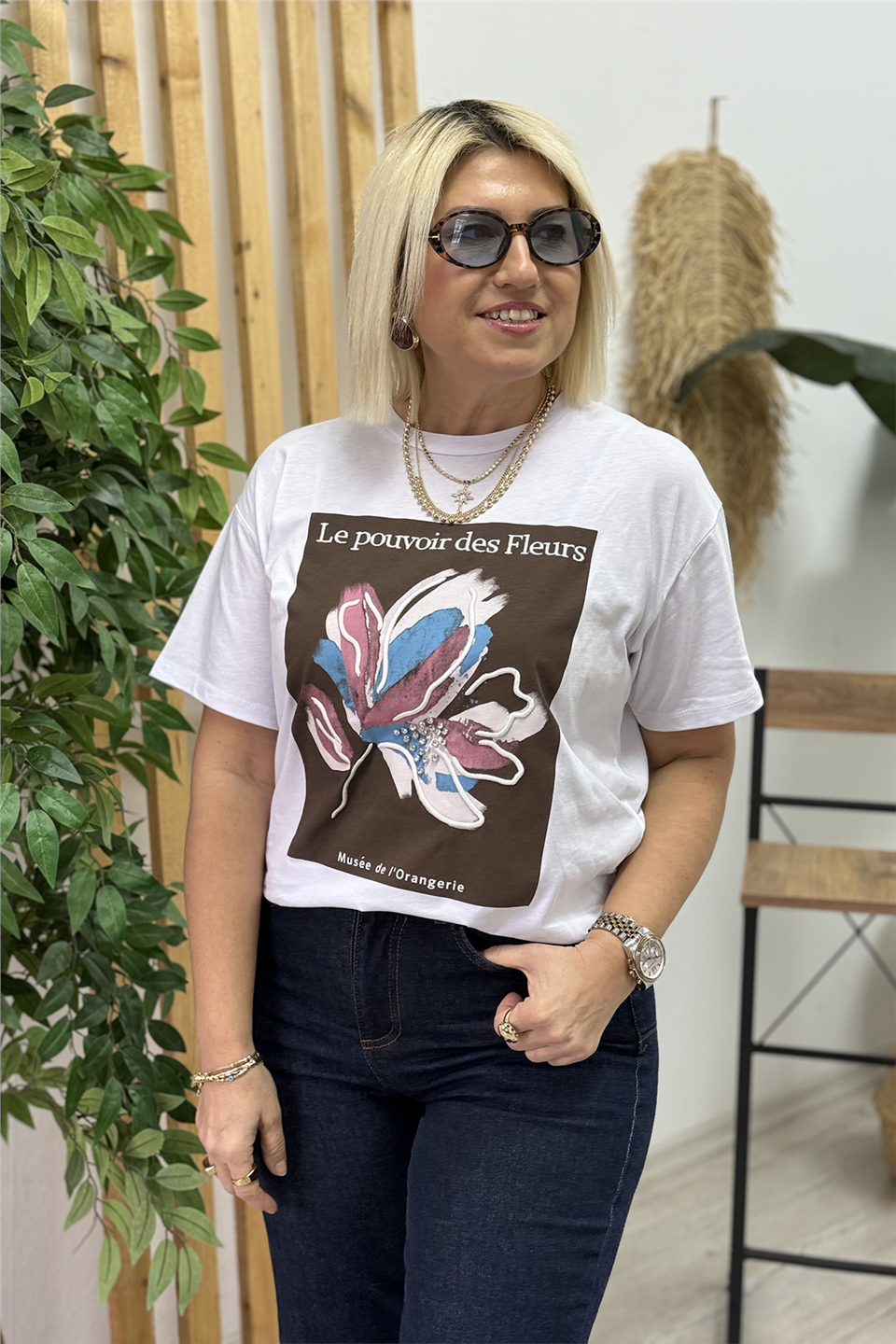 Beyaz Baskı Nakışlı Taş İşlemeli TshirtTSH26001203-BEYAZ-S