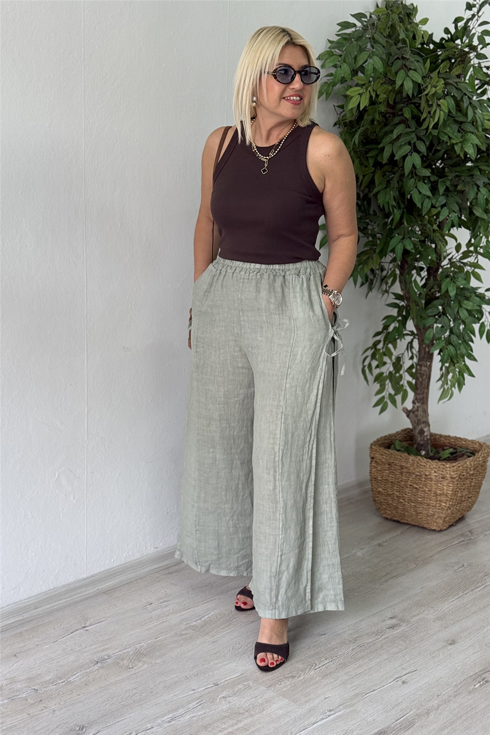 Haki Beli Lastikli Yandan Bağlama Detay Bol Paça Keten PantolonAPNT20250969-HAKI-STD