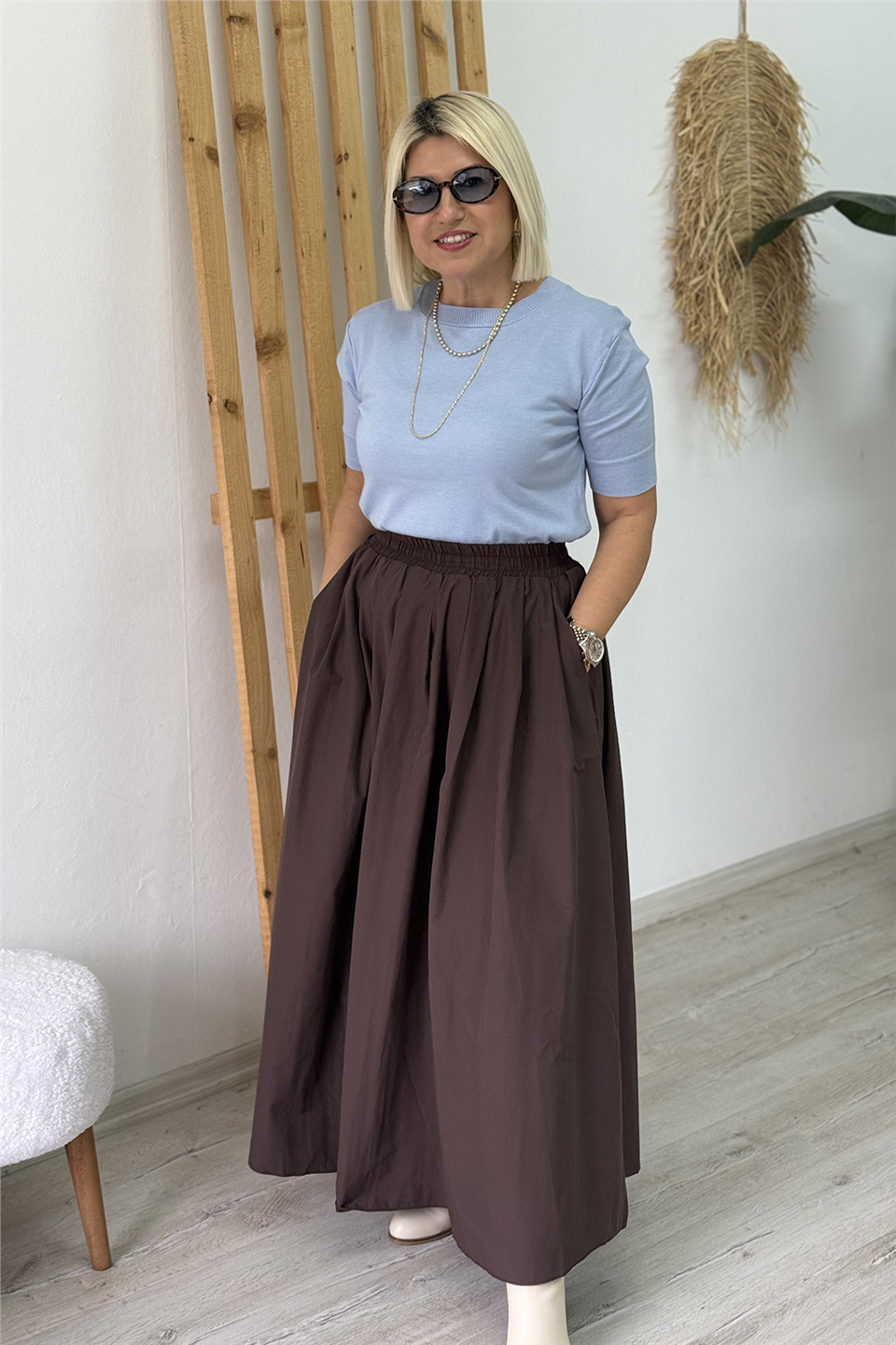 Kahve Beli Lastikli Cepli Maxi Boy Poplin EtekAETK2500133-KAHVE-S