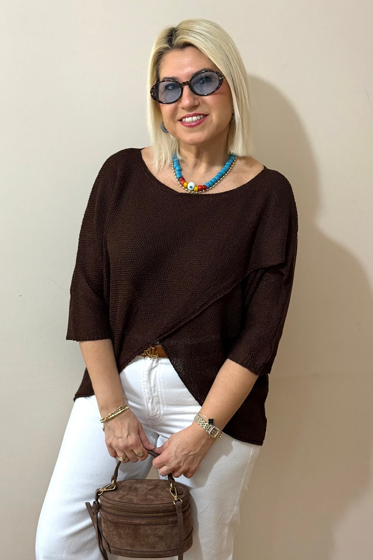 Kahve Verev Kesim Petek Dokulu İnce TrikoUT26001050-KAHVE-STD