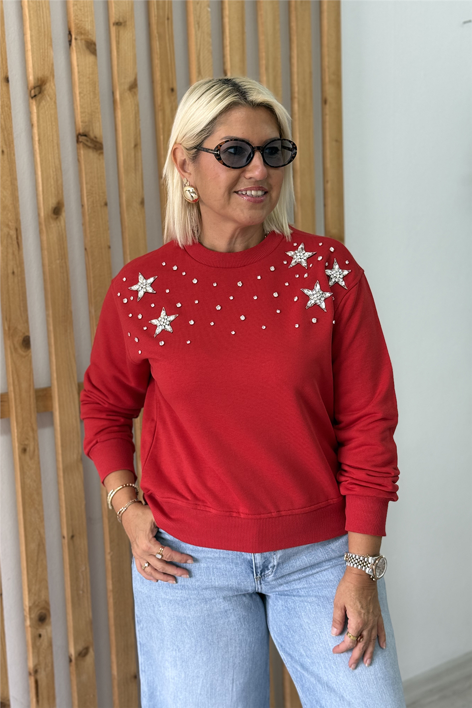 Kırmızı Bisiklet Yaka Yıldız Taş İşlemeli SweatUSW26001002-KIRMIZI-S