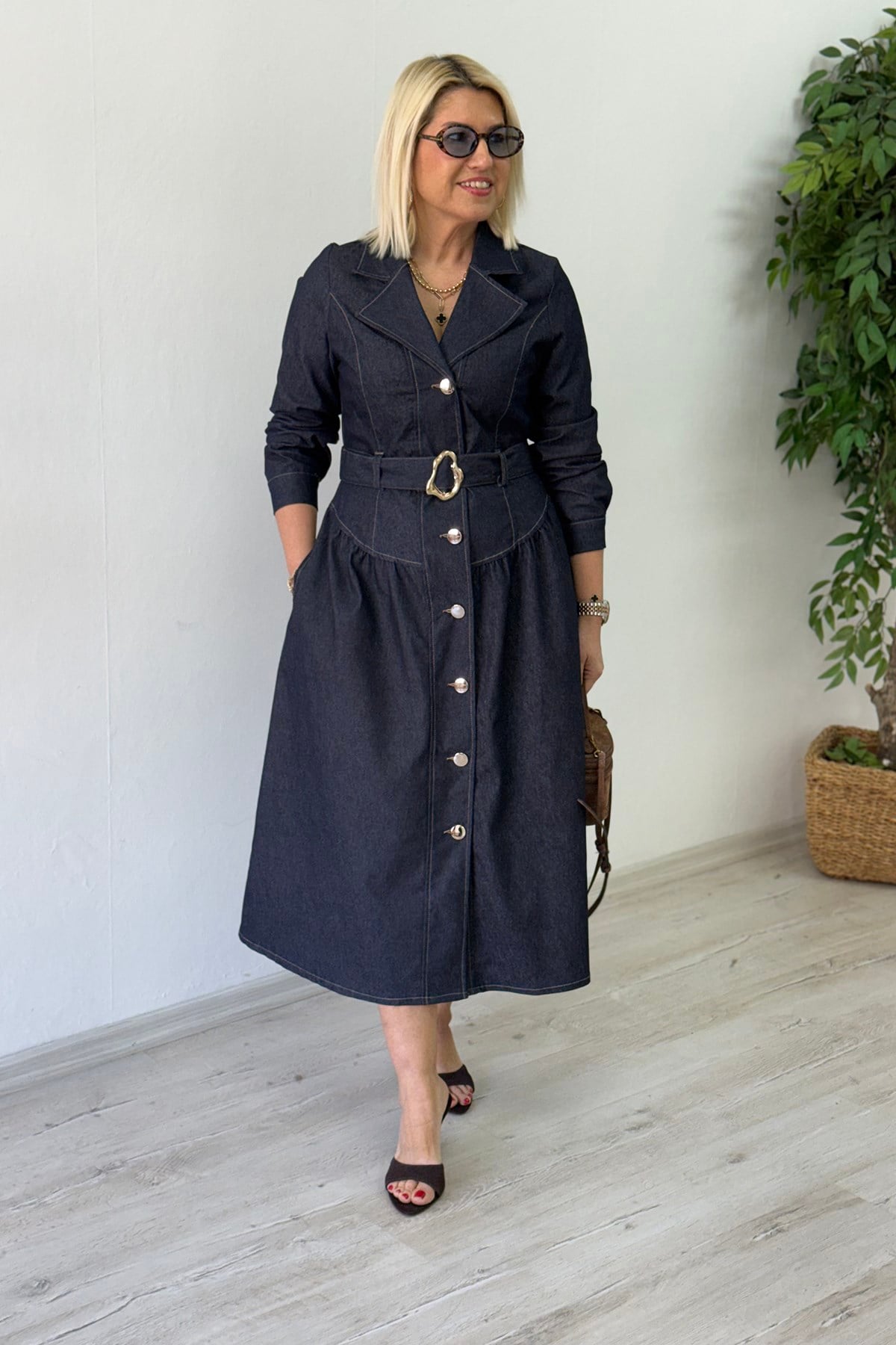 Mavi Denim Metal Düğmeli Lycralı Kemerli ElbiseELB26001015-MAVI-S